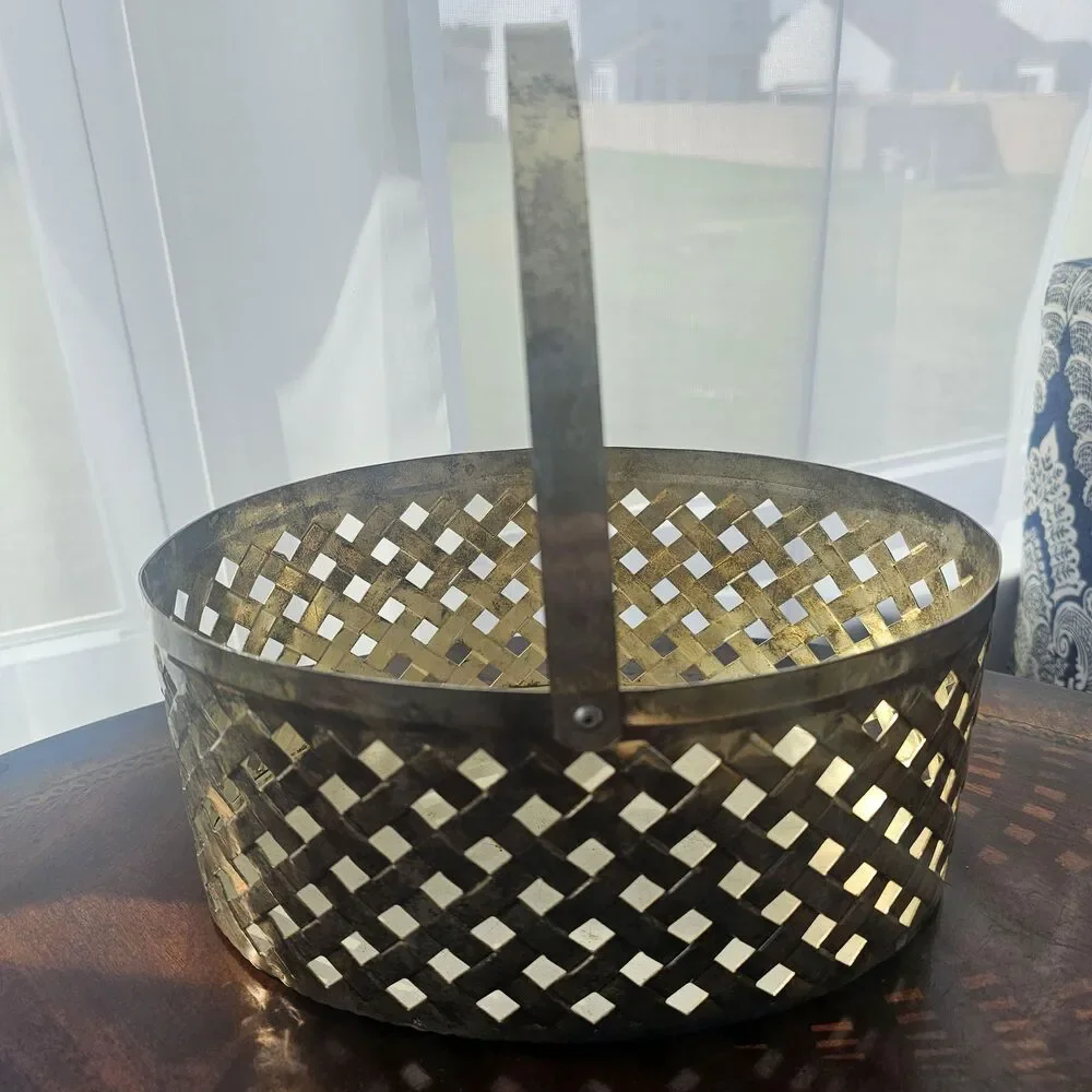 Vintage Silver-Plated Lattice Basket – Open Weave Metal Storage